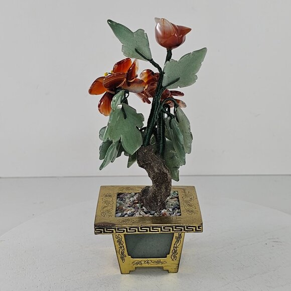 Vintage Chinese Jade Bonsai Tree Carved Carnelian Gemstone Brass Planter - Picture 3 of 9